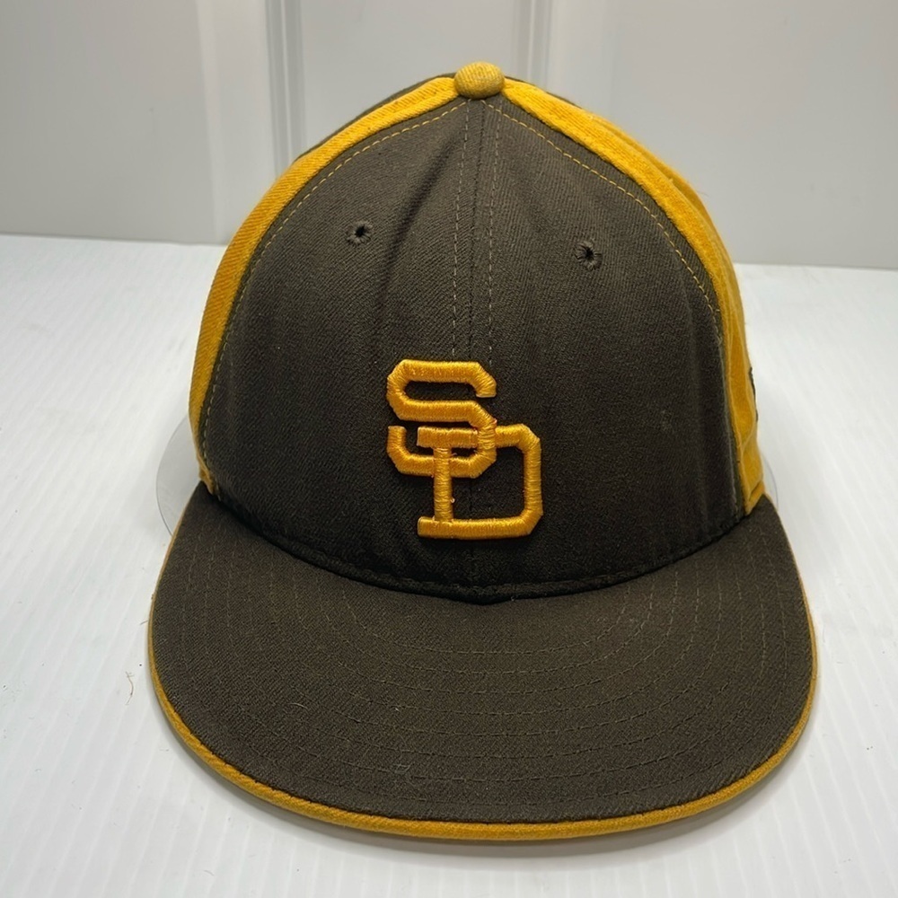 MLB San Diego Padres Fit Baseball Cap Sz 7 1/4 New Era 59Fifty Brown Yellow Wool